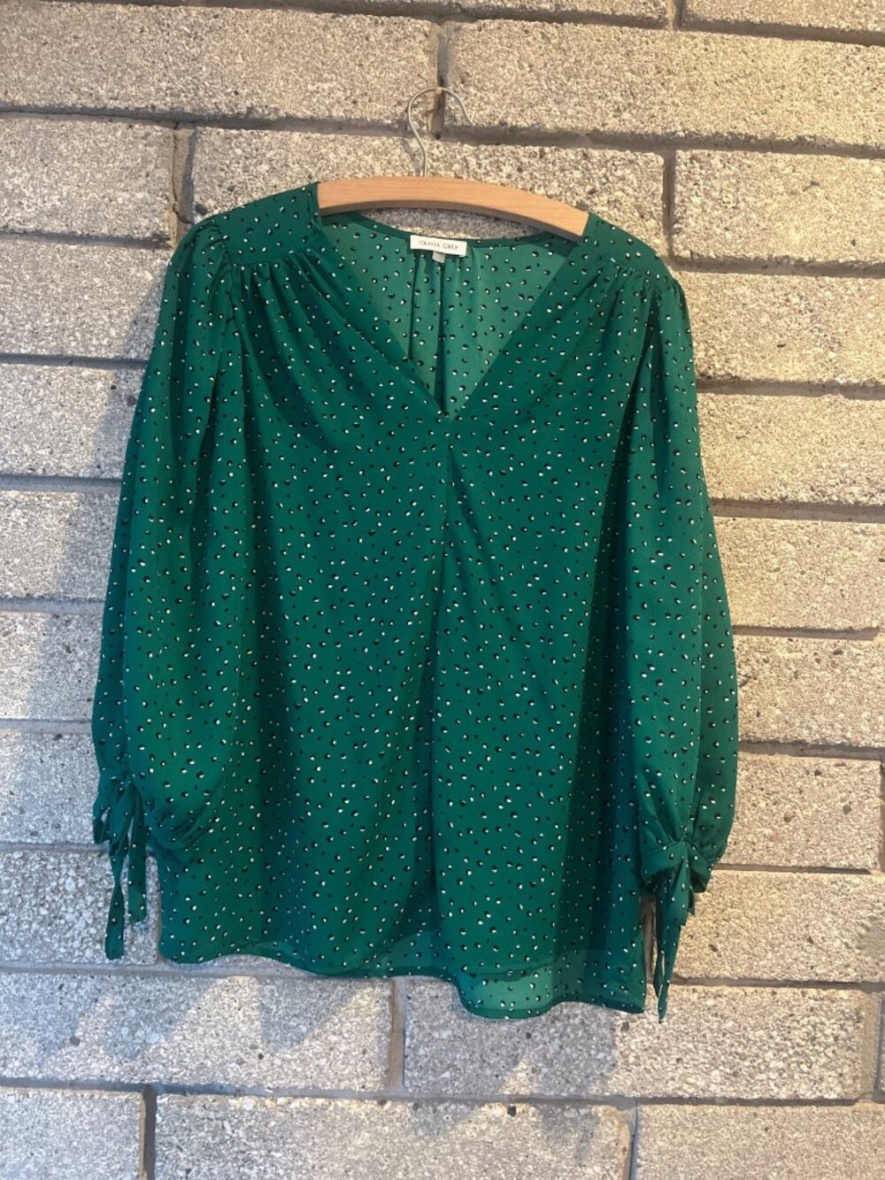 Green Polka Dot Blouse With Tie Sleeves By Olivia Grey - Large